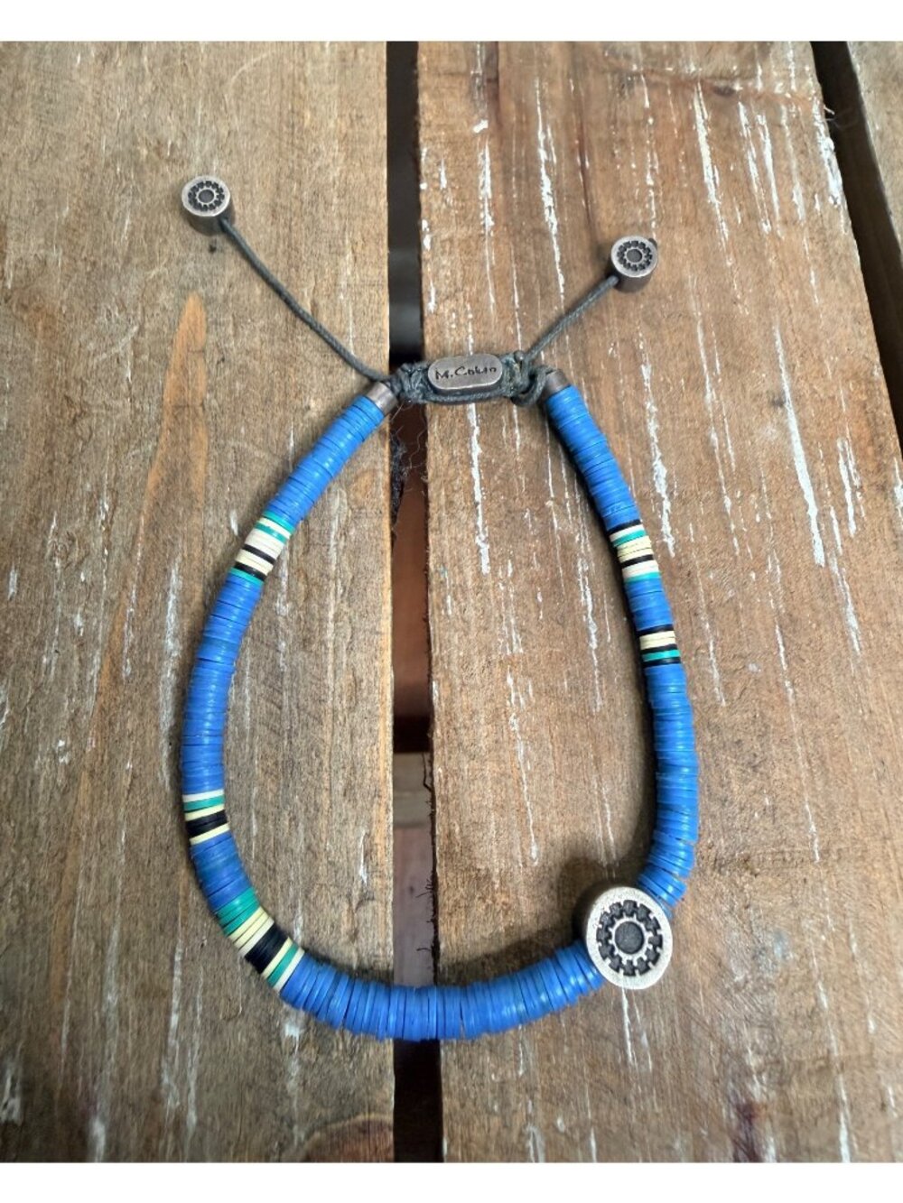M.Cohen Blue African Disc Bead Sterling Silver Medallion Bracelet